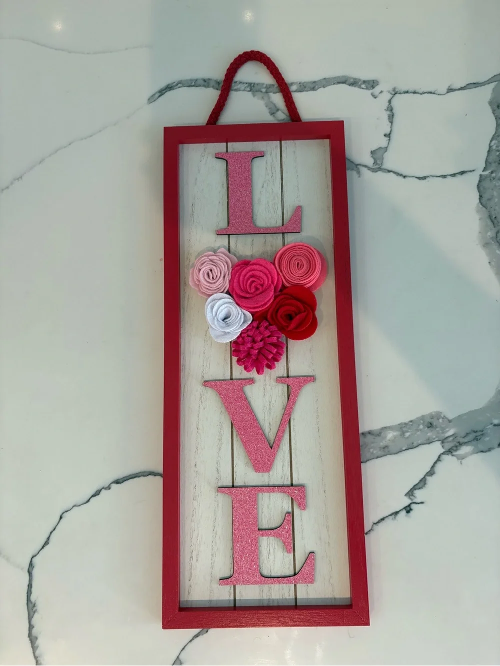 Valentine’s Day wooden “LOVE” hanging wall sign with Cloth Floral Detail